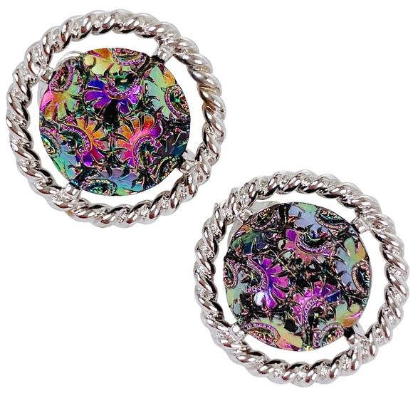 VTG 1960s Signed Sarah Coventry Northern Lights Glass Cabochon Clip On Earrings - Picture 1 of 10